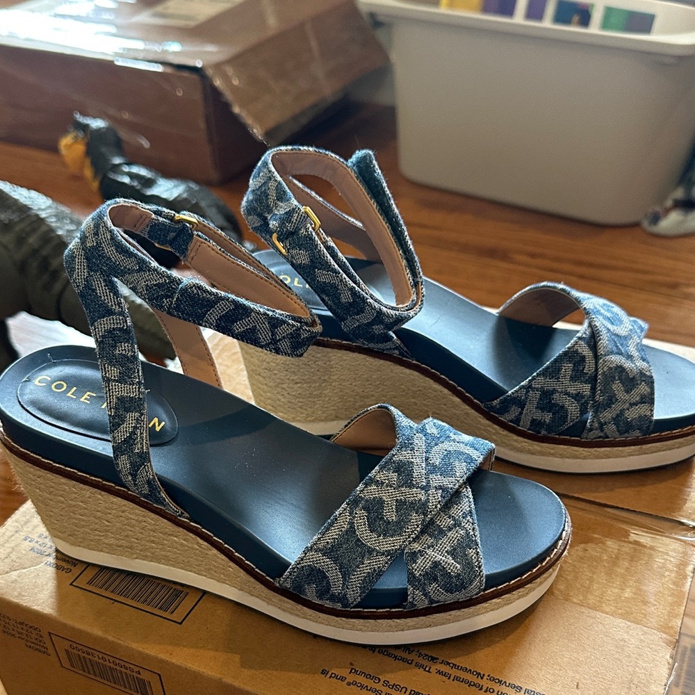 Cole Haan Blue Denim Logo Espadrille Wedge Sandals. NWOB - Picture 2 of 7